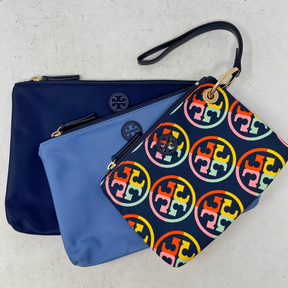 Tory Burch Nylon Printed Trio Zipper Pouches Blue Periwinkle Rainbow